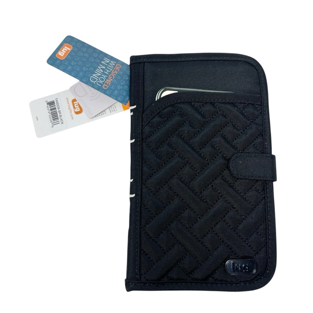 Lug Tandem Mini RFID Wallet Black Quilted Travel Organizer Live Laugh Love